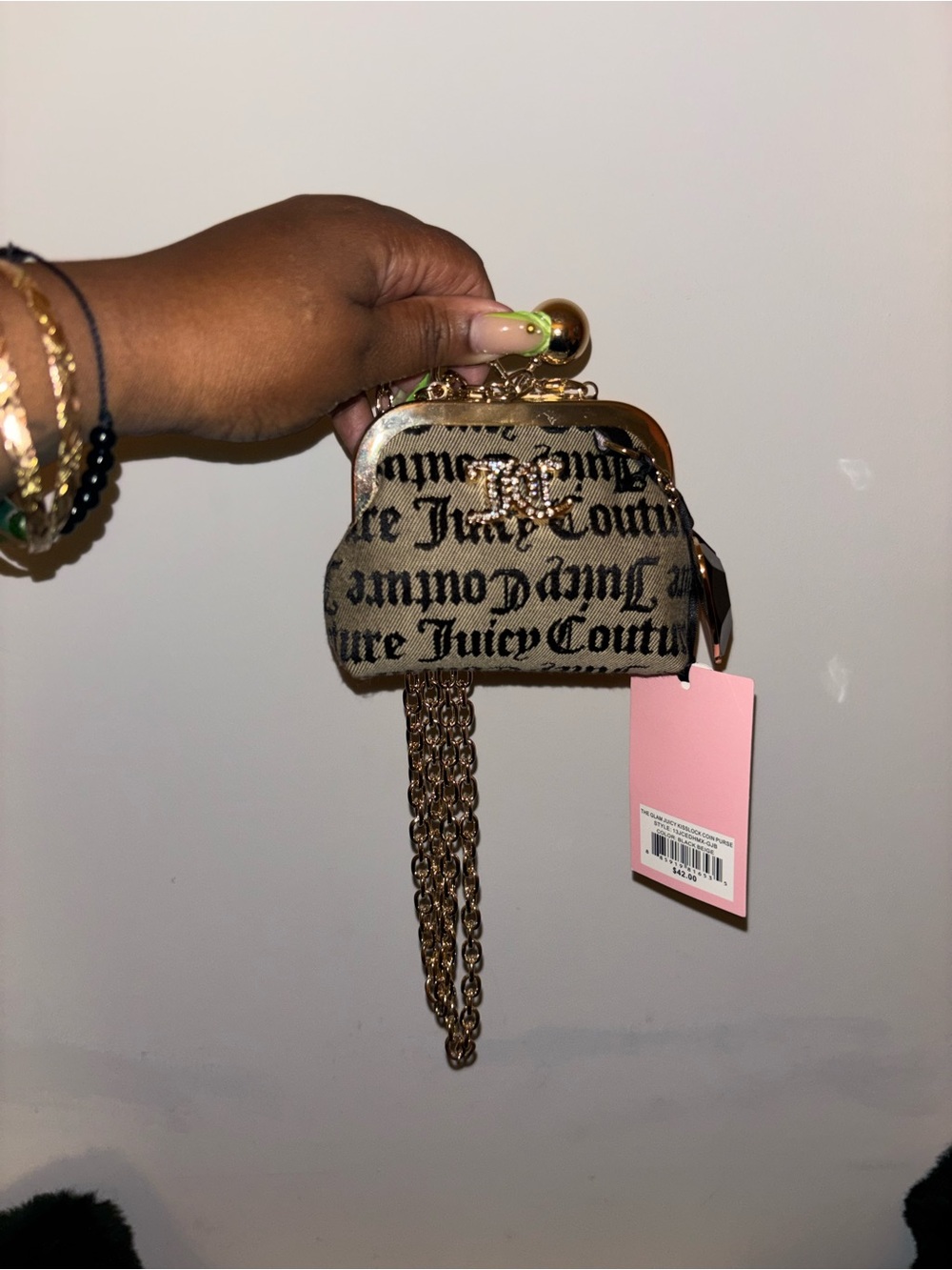 Juicy Couture Beige Logo Mini Frame Bag with Gold Chain